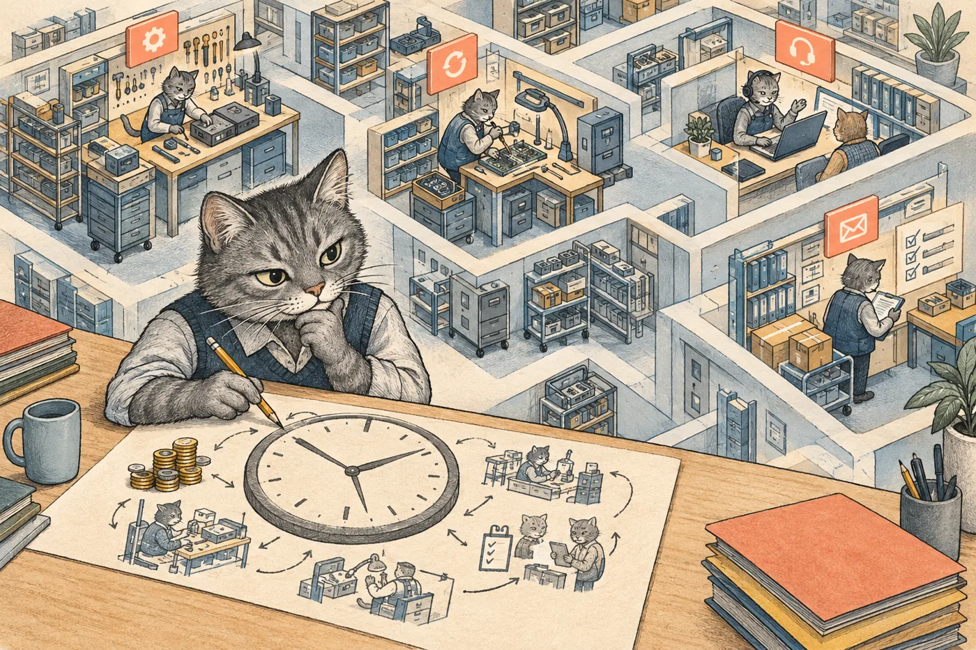 A repair-shop cat compares a small coin pile with the hidden hours behind a profitable-looking job.