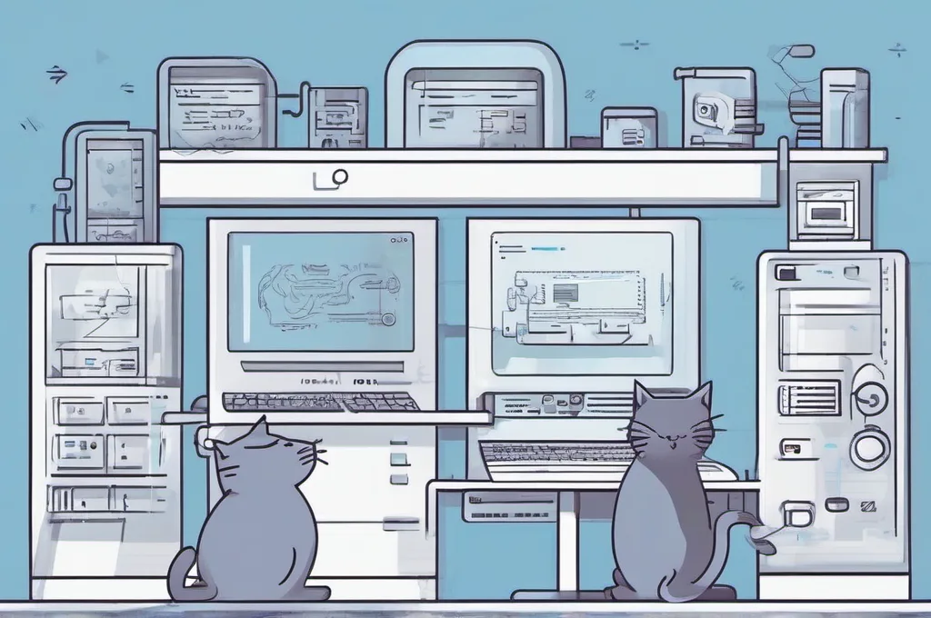 Cats interacting with tech equipment (monitors, servers, coding interfaces) in minimalist wireframe environments.: Top 5 Cloud Services for Automated Infrastructure Configuration