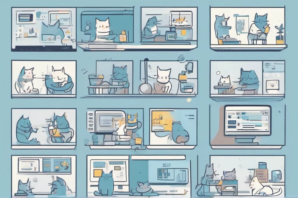 Cats interacting with tech equipment (monitors, servers, coding interfaces) in minimalist wireframe environments.: Top 5 Web Development Tools for Onboarding New Teams