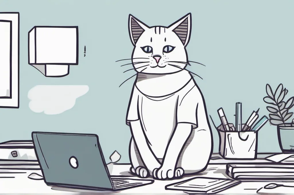 Gitpod: A confident cat wearing a simple T-shirt, standing beside a laptop on a desk.
