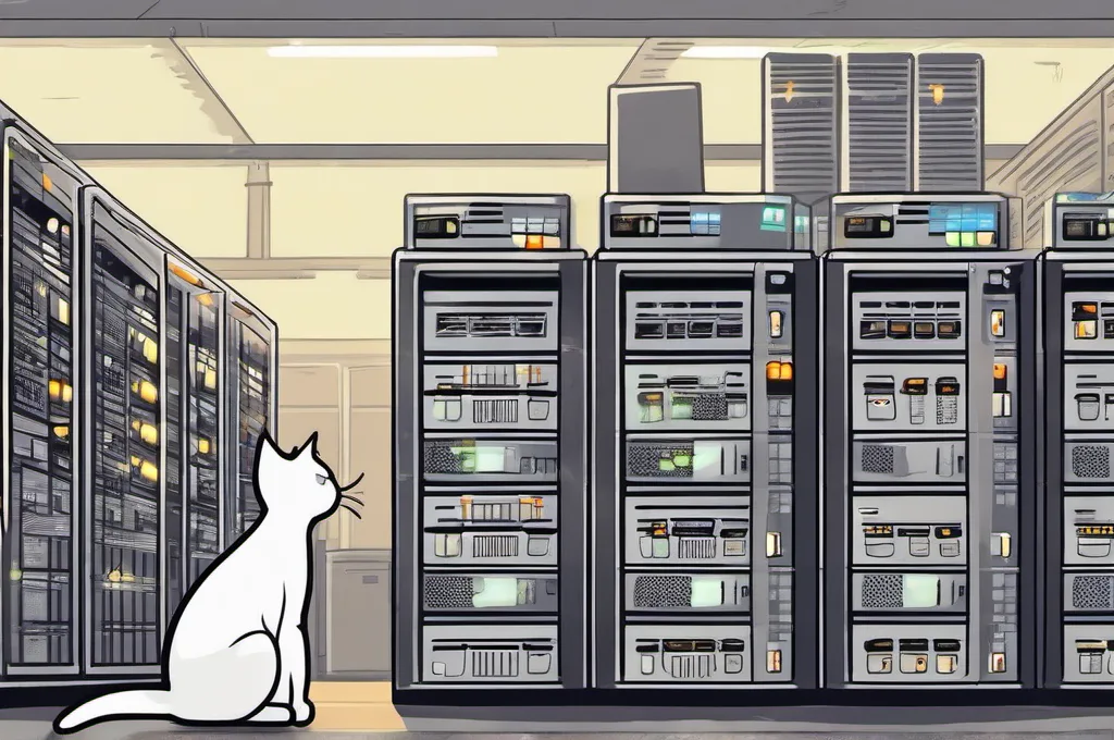 Replit: A cat engineer inspecting a neat row of server racks with glowing indicator lights.