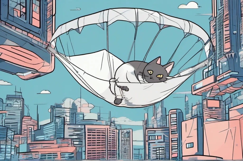 Google Cloud Storage: A cat safely suspended beneath a wide open parachute, floating above a tiny futuristic city.