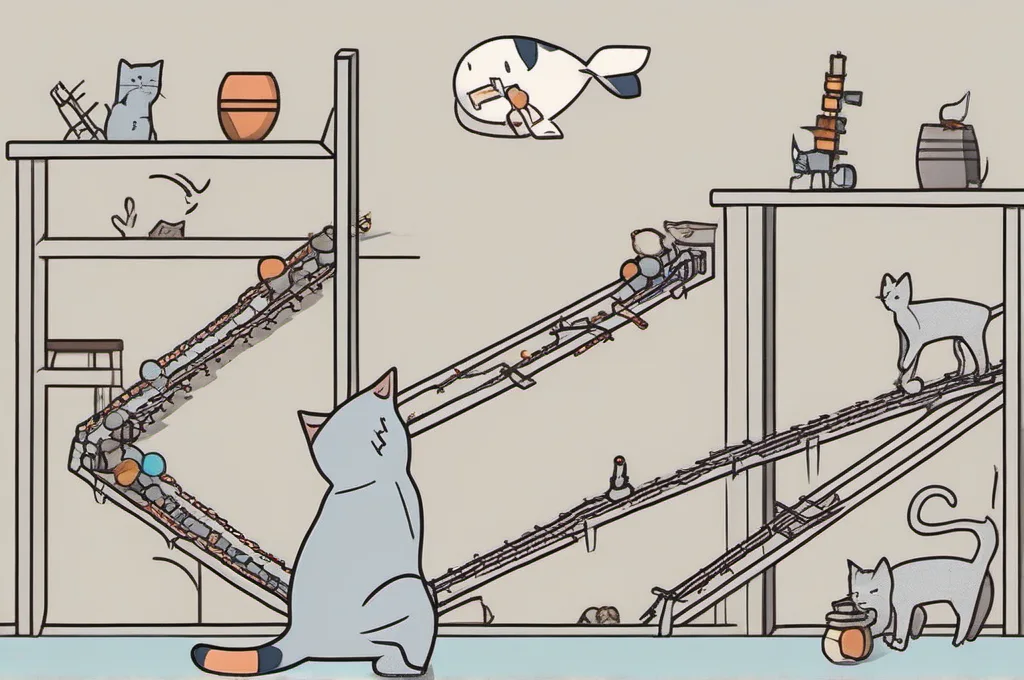 OpenFGA: A determined tabby cat standing on a minimalist concrete floor, intently tuning a complex wooden marble run with multiple tracks and switches, preparing it to smoothly guide marbles through intricate paths representing fine-grained, relationship-based authorization and dynamic conditions..