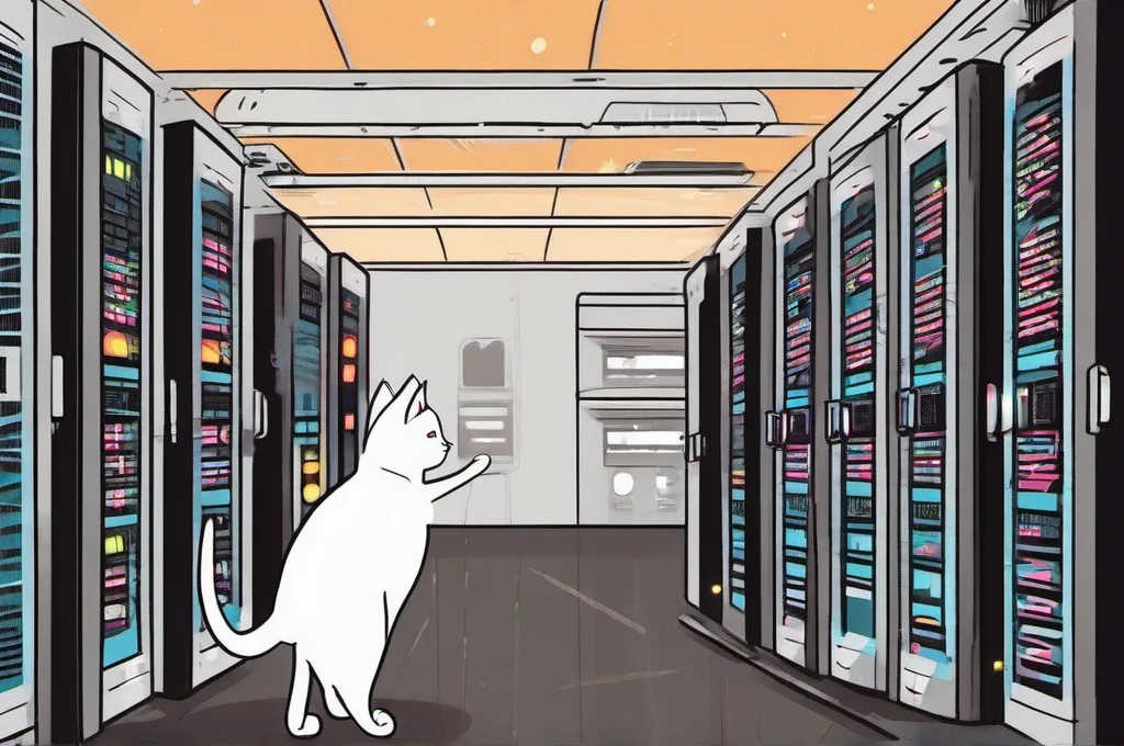 Oracle Cloud Infrastructure Archive Storage: A cat engineer inspecting a neat row of server racks with glowing indicator lights.