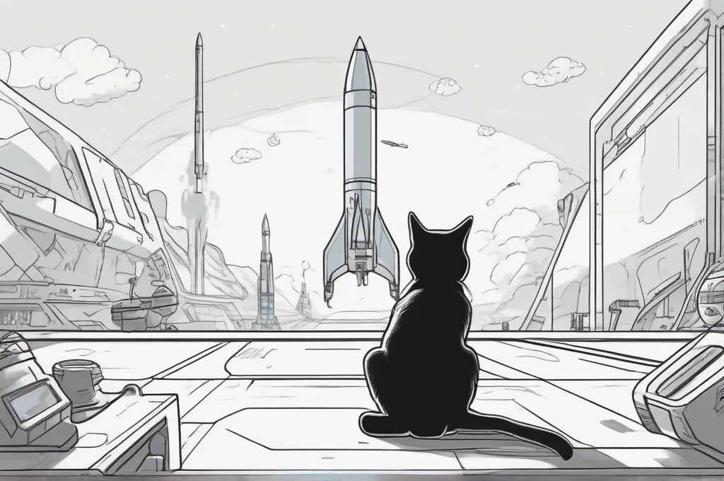 Azure Blob Storage: A cat seen from behind watching a small rocket launch from a futuristic spaceport.