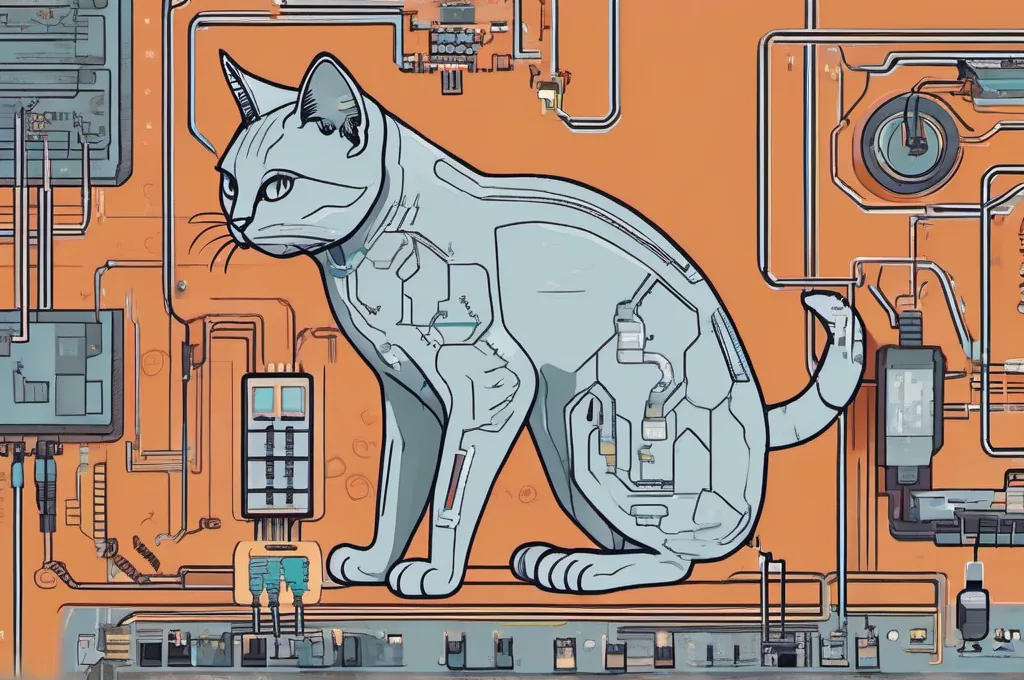 AWS Toolkit for Visual Studio Code: A cat walking across an oversized circuit board with neatly connected components.
