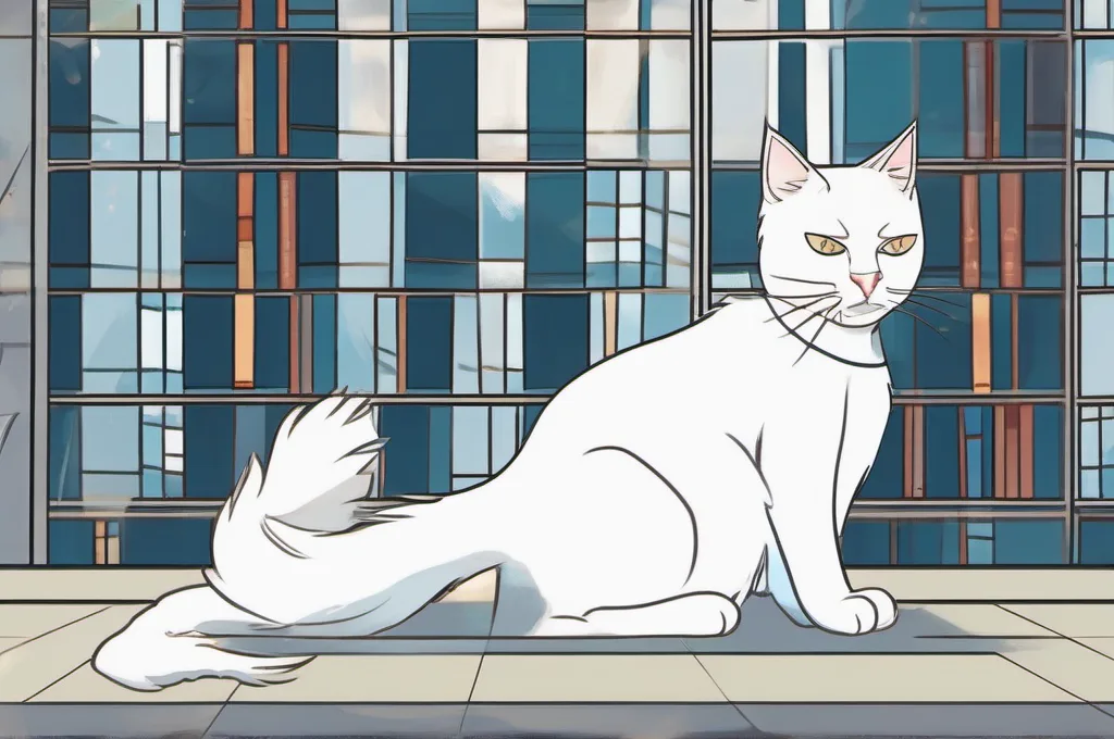 Cerbos: A poised white cat in a serene library corner, attentively aligning and stacking translucent glass panes on a metal frame, each pane symbolizing a policy layer, with natural light filtering through to cast overlapping shadows, illustrating deny-by-default and combined role and resource policies..