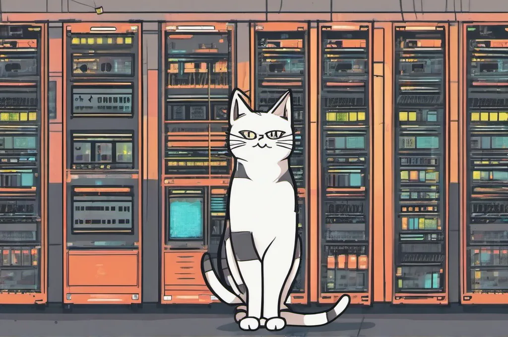Container Tools: A cat engineer inspecting a neat row of server racks with glowing indicator lights.