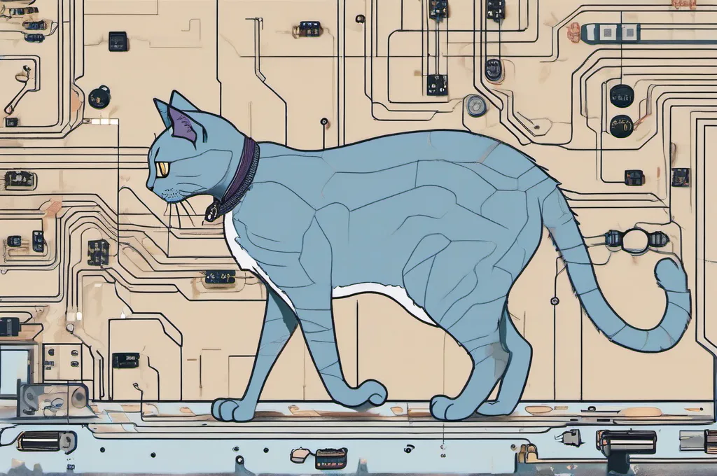 CISA Zero Trust Maturity Model, Version 2.0: A cat walking across an oversized circuit board with neatly connected components.
