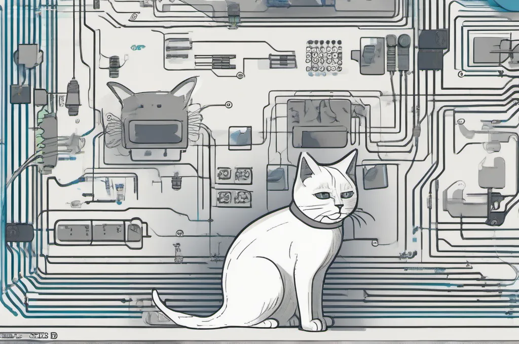 Semgrep Code: A cat walking across an oversized circuit board with neatly connected components.