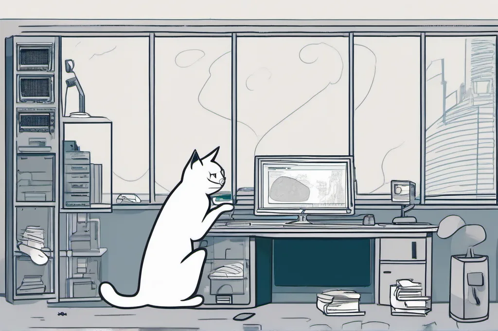 GitHub Codespaces: A curious cat at a desk looking at a large computer monitor, paws on the keyboard.