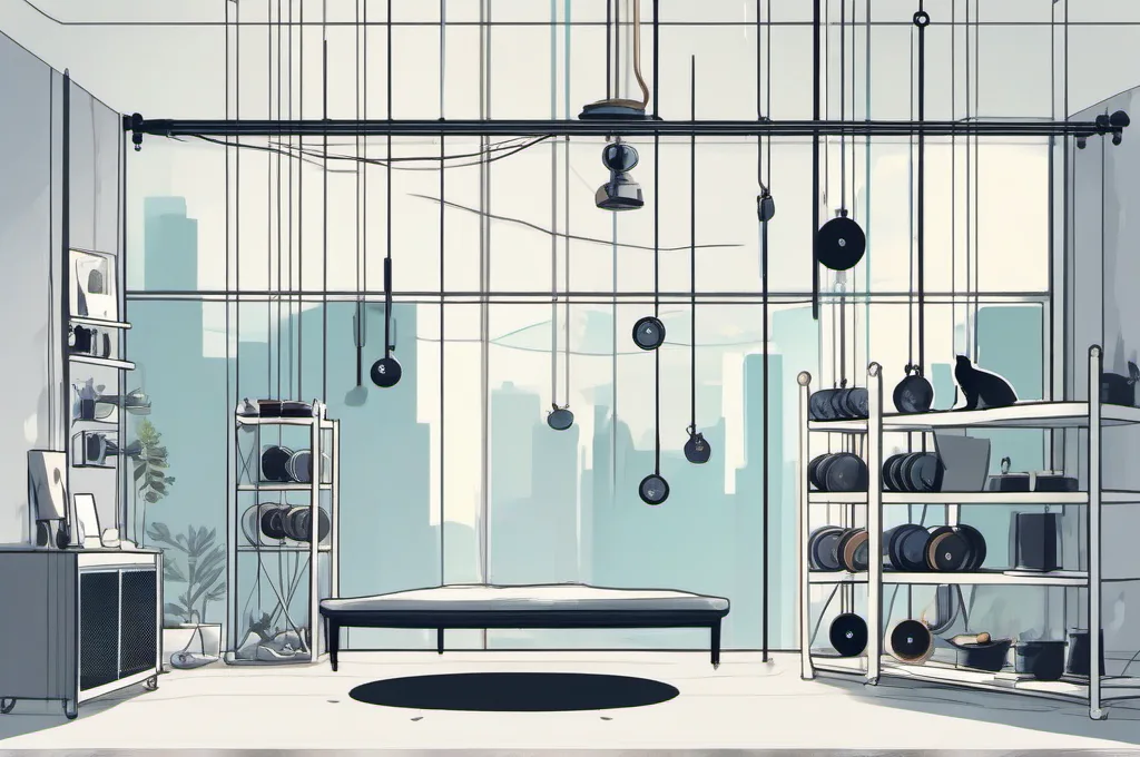 Azure Virtual Machines: A sleek cat deftly adjusts a set of interconnected pulleys and levers attached to lightweight hanging disks in a bright loft studio, balancing weights evenly across the system, surrounded by natural light and minimalist decor..