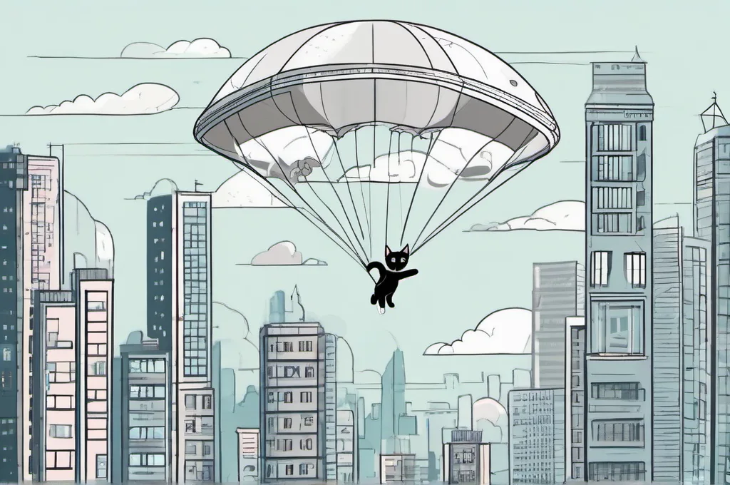 Google Cloud Code: A cat safely suspended beneath a wide open parachute, floating above a tiny futuristic city.