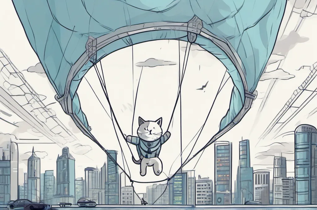 AWS CloudFormation: A cat safely suspended beneath a wide open parachute, floating above a tiny futuristic city.