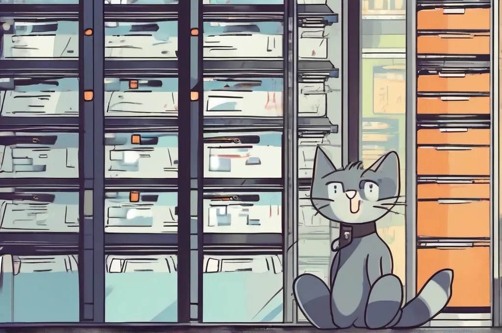 Google Cloud Infrastructure Manager: A cat engineer inspecting a neat row of server racks with glowing indicator lights.