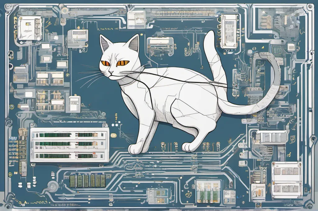 HCP Terraform: A cat walking across an oversized circuit board with neatly connected components.