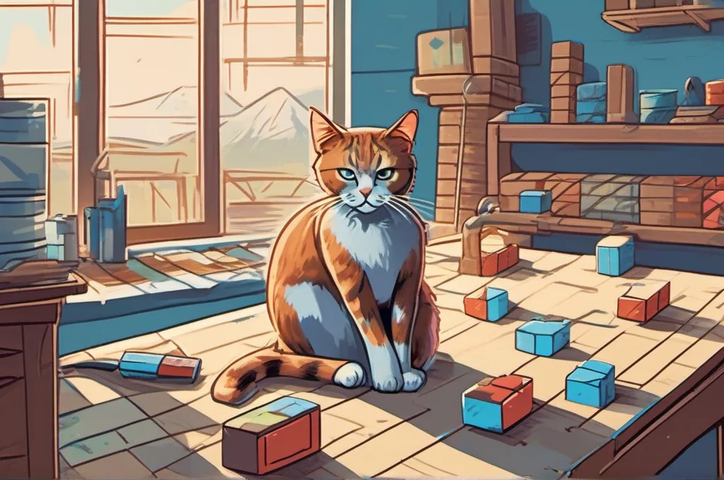 Vultr Cloud Compute: A confident cat in an open-air workshop carefully paints an array of small wooden blocks, each block representing a different continent, arranging them precisely across a wide workbench illuminated by natural light through large industrial windows..