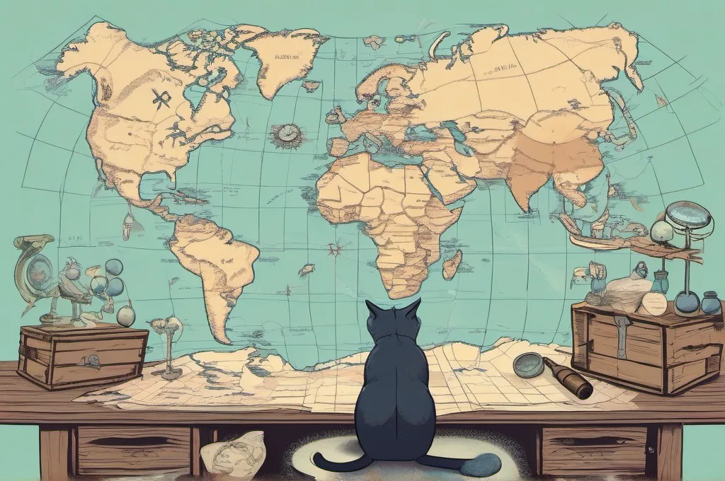 Amazon EC2: A focused cat wearing a tiny explorer's hat carefully places miniature globes onto a detailed world map, arranging them precisely to represent different geographic regions, surrounded by unmarked storage crates and compass tools on a wooden table in a warmly lit study..
