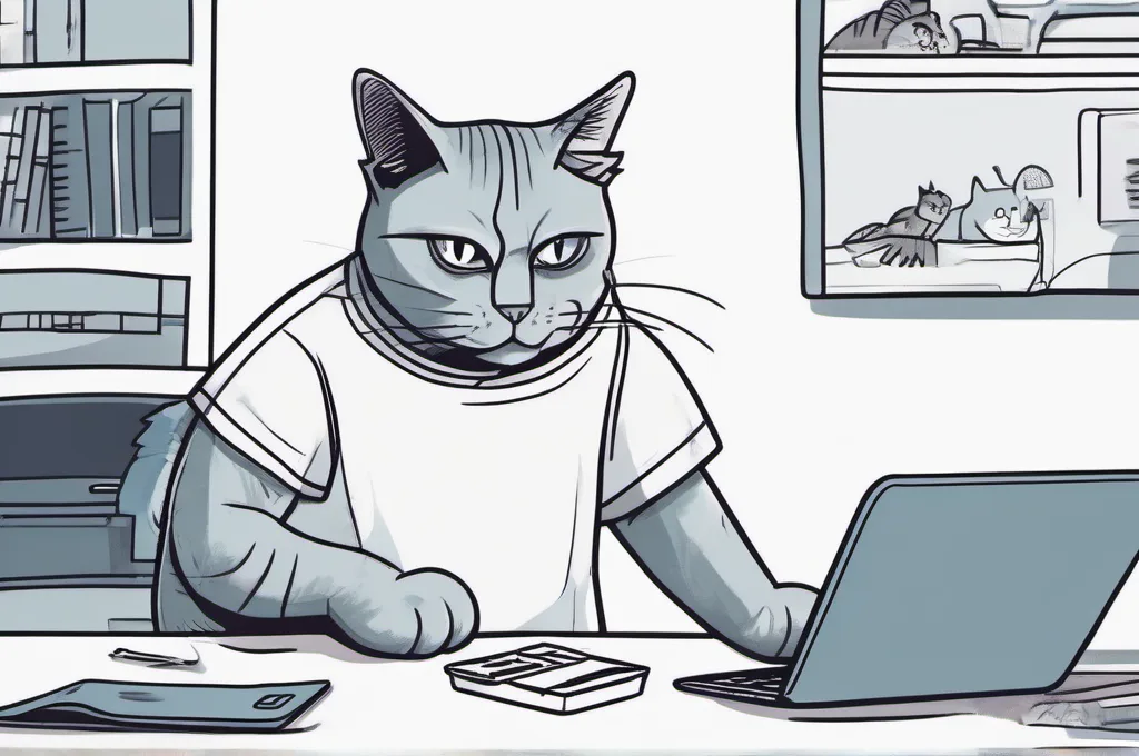 Azure Bicep: A confident cat wearing a simple T-shirt, standing beside a laptop on a desk.