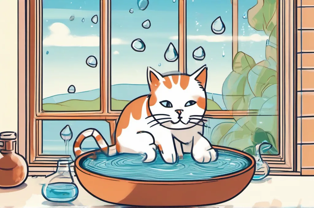 DigitalOcean Droplets: A curious cat playfully nudges a collection of smooth, translucent water droplets arranged in a shallow basin on a sunny windowsill, each droplet resting on delicate unmarked tiles that resemble a harmonious island cluster..