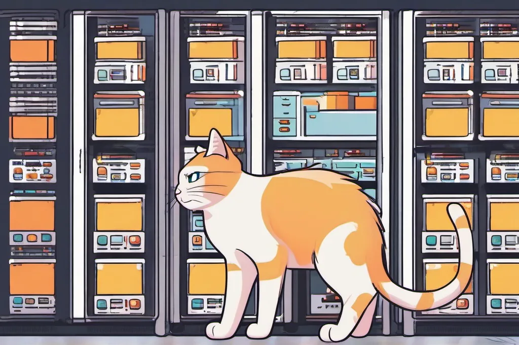 GitHub CodeQL (GitHub code scanning): A cat engineer inspecting a neat row of server racks with glowing indicator lights.