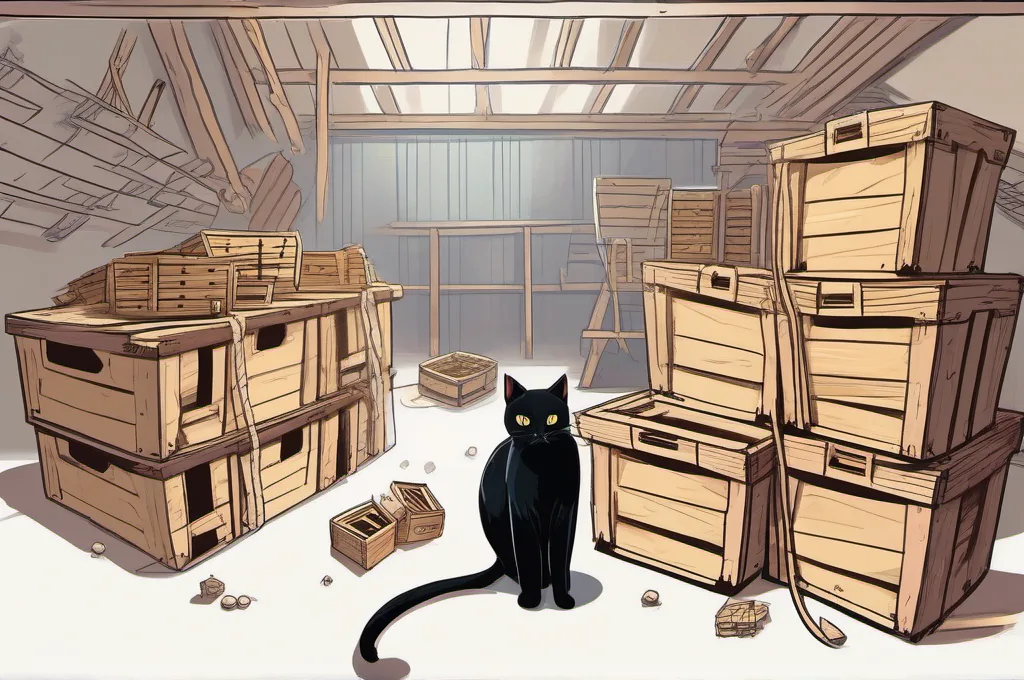 Apache Casbin: A sleek black cat expertly organizing a set of nested wooden crates in a sunlit attic, carefully placing smaller crates inside larger ones to represent transitive role inheritance and multi-level role assignments, with scattered unmarked keys and rope coils nearby symbolizing resource roles..