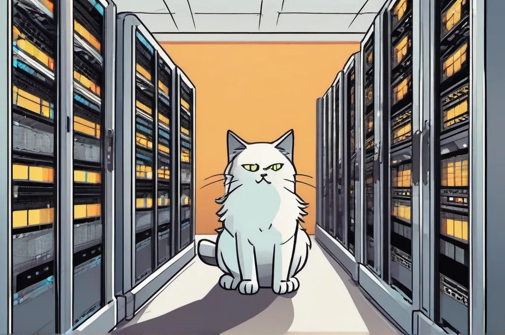 NIST SP 800-207 Zero Trust Architecture: A cat engineer inspecting a neat row of server racks with glowing indicator lights.