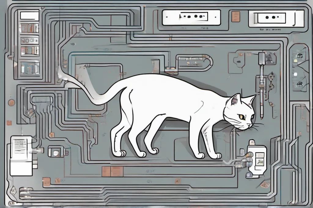 IBM Cloud Object Storage: A cat walking across an oversized circuit board with neatly connected components.