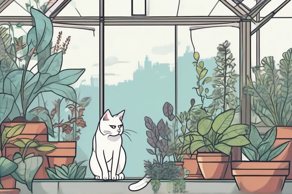 Google Compute Engine: A cat sits attentively on a high ledge inside a spacious greenhouse, gently moving small glass terrariums placed in separate zones filled with diverse plants, demonstrating careful distribution and connectivity among varied sections of the flora..