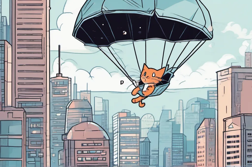 StackBlitz Teams: A cat safely suspended beneath a wide open parachute, floating above a tiny futuristic city.