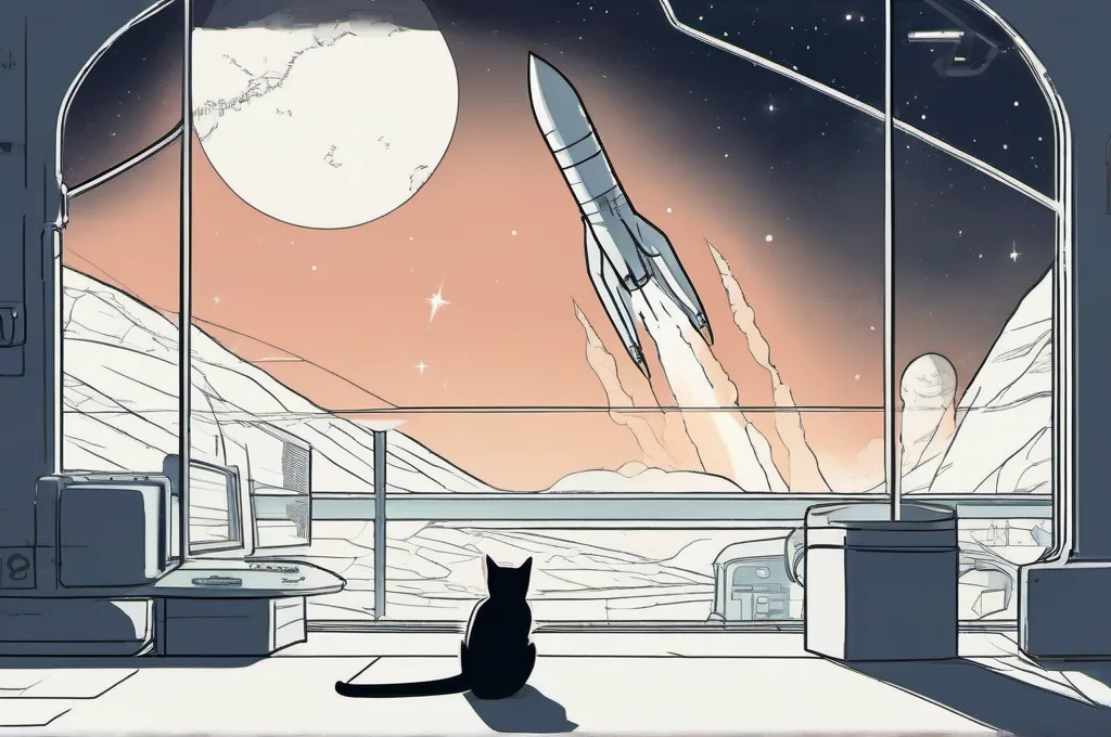 CodeSandbox: A cat seen from behind watching a small rocket launch from a futuristic spaceport.