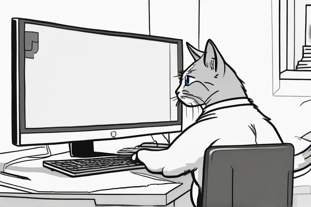 Pulumi Cloud: A curious cat at a desk looking at a large computer monitor, paws on the keyboard.