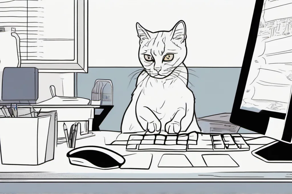 SonarQube Cloud: A curious cat at a desk looking at a large computer monitor, paws on the keyboard.