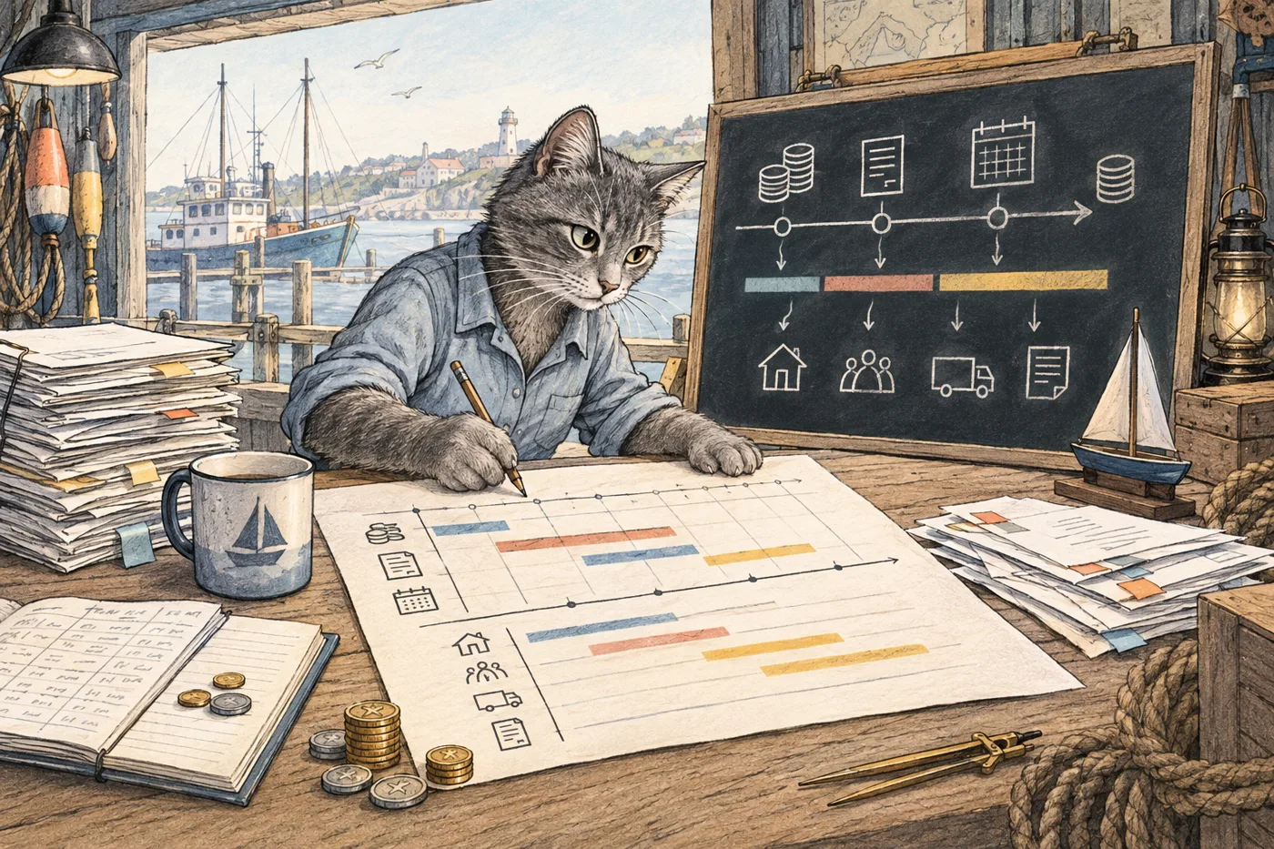 A gray business cat acts out the small-business lesson: The first number to check when cash is unexpectedly tight.