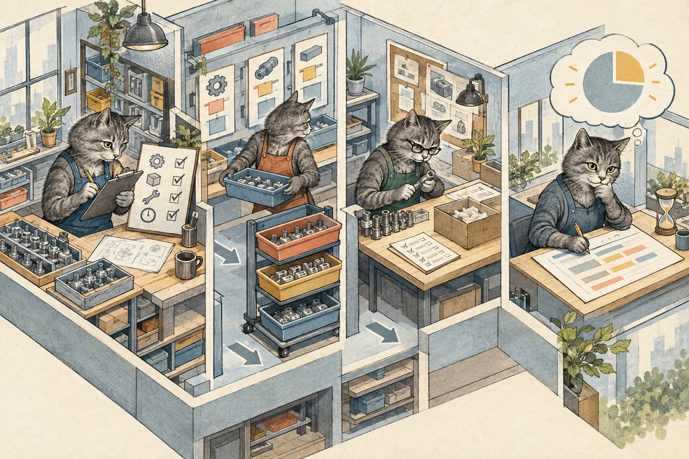A gray business cat acts out the small-business lesson: The workday margin nobody puts on the invoice.